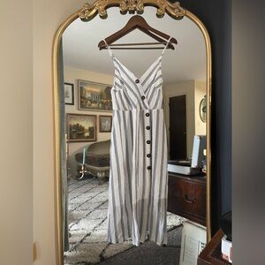 Euro Summer Blue and White Stripe Midi Dress Spaghetti Straps and Faux Wrap Top